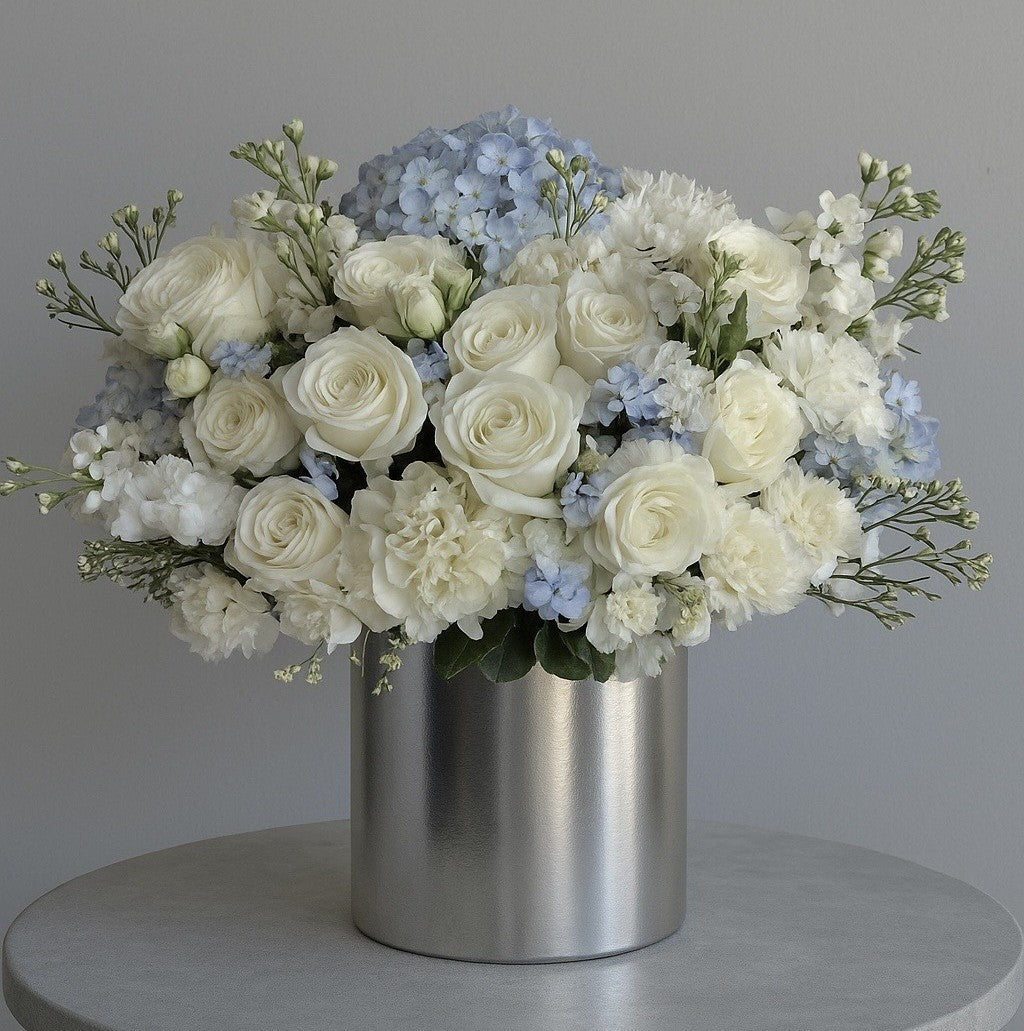 White & Blue Hydrangea Rose Arrangement | Flower Delivery Las Vegas