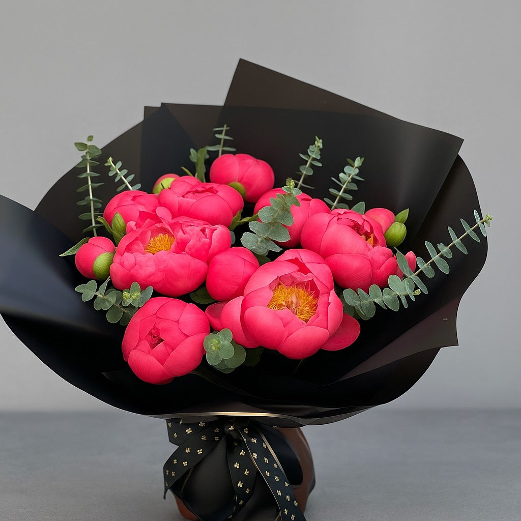 Noir Peonies – Hot Pink Peony Bouquet in Black Wrap Las Vegas