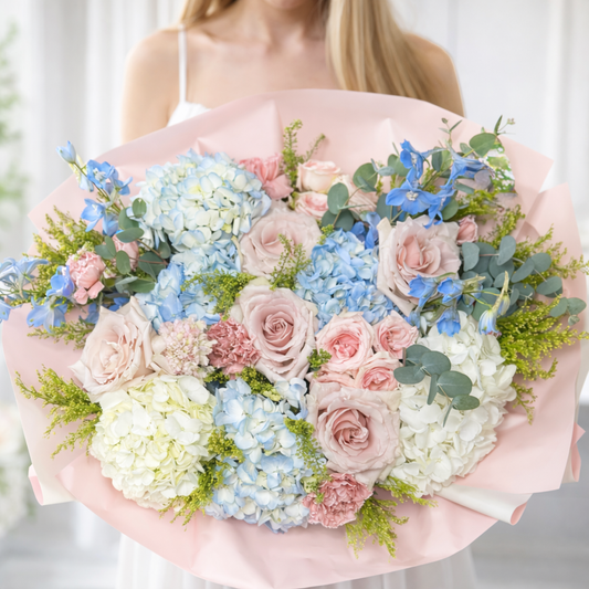 Blue Hydrangea & Blush Rose Bouquet