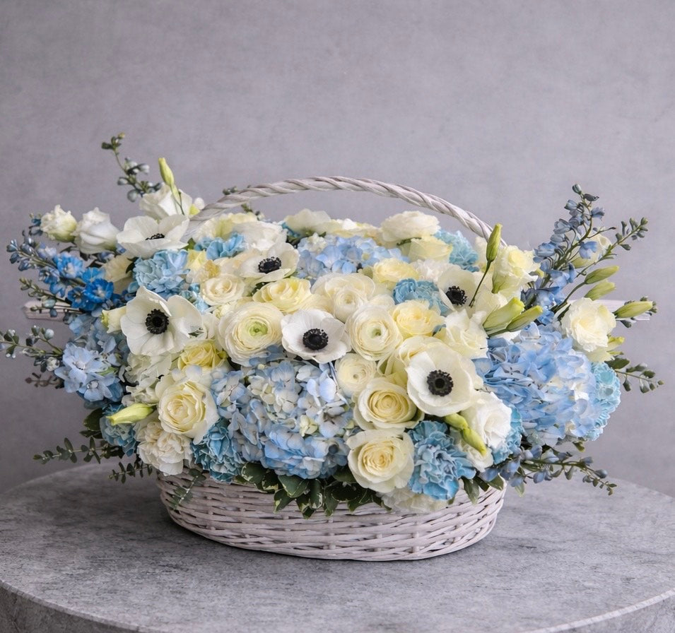 Blue & White Hydrangea Rose Basket Arrangement