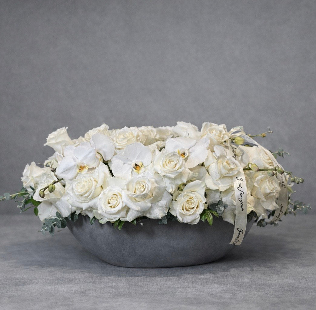 White Rose & Orchid Ceramic Vase Arrangement