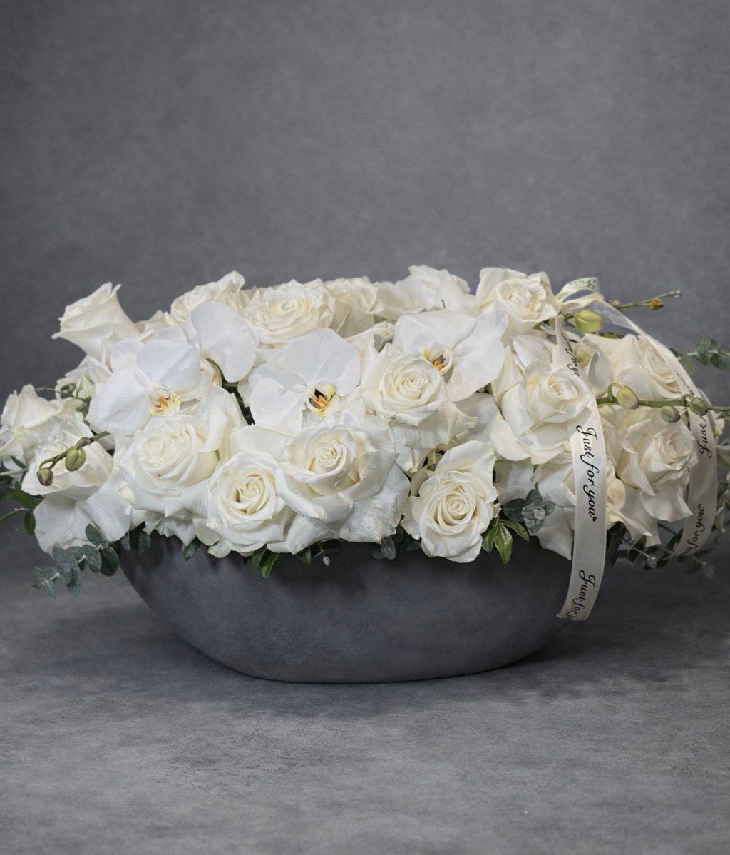 White Rose & Orchid Ceramic Vase Arrangement