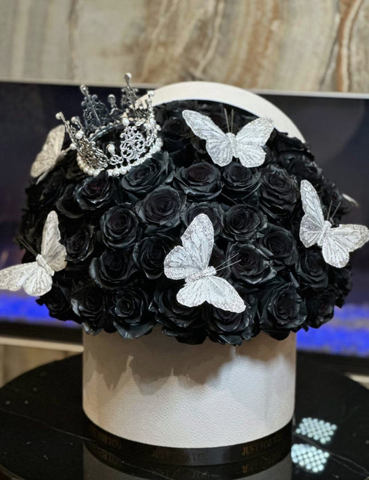 Luxury Black Rose Box Las Vegas – Crown & Butterfly Arrangement