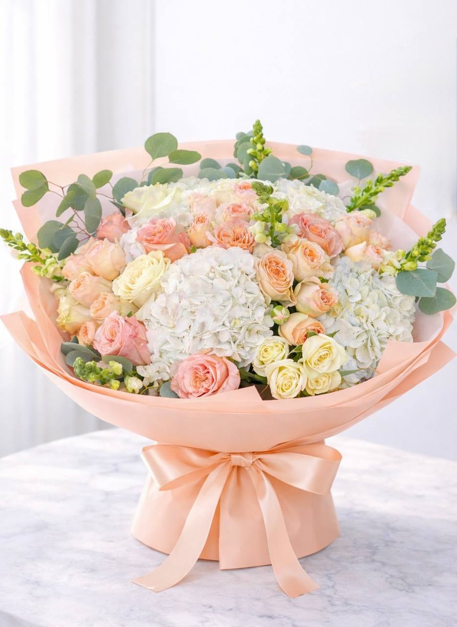 Sweet Peach Luxury Rose & Hydrangea Bouquet – Flower Delivery Las Vegas