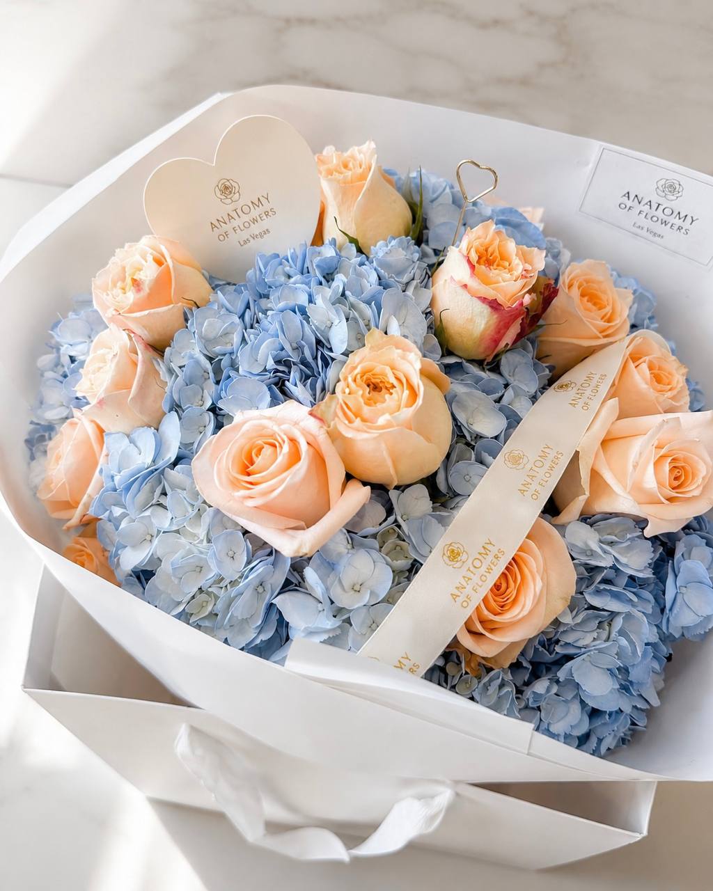 Peach Rose & Blue Hydrangea Bouquet | Flower Delivery Las Vegas