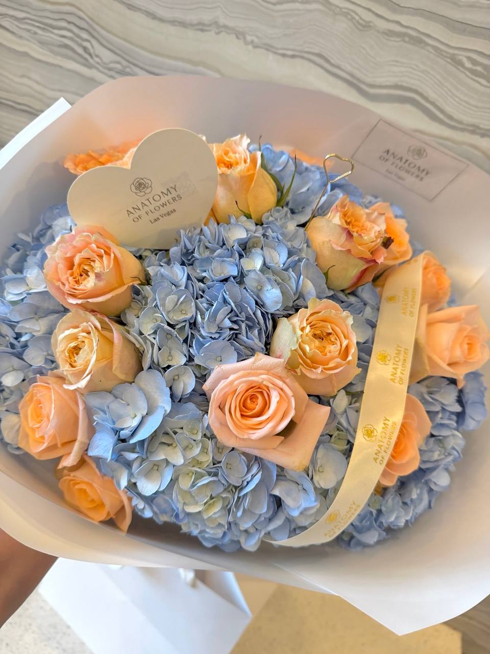 Peach Rose & Blue Hydrangea Bouquet | Flower Delivery Las Vegas